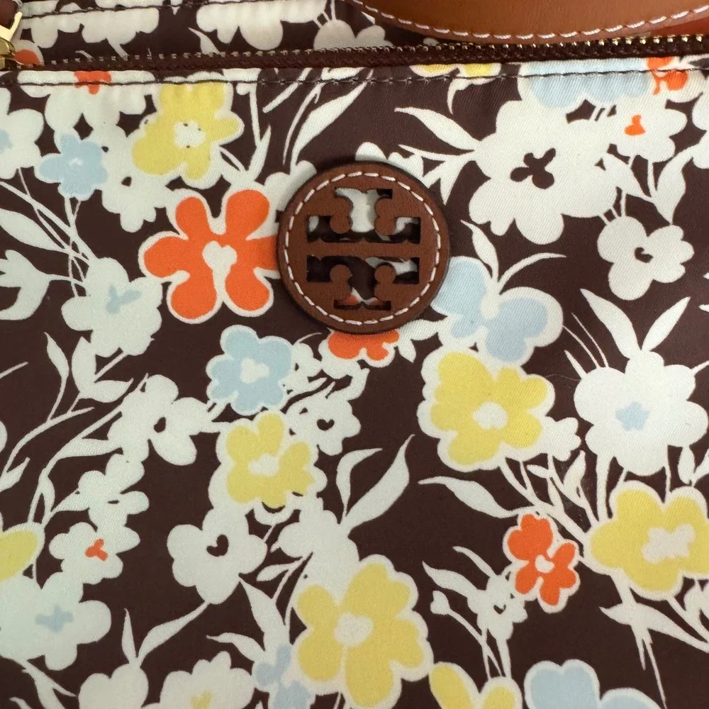 Tory Burch Womens Floral Nylon Crossbody Bag Brown Yellow Blue Boho